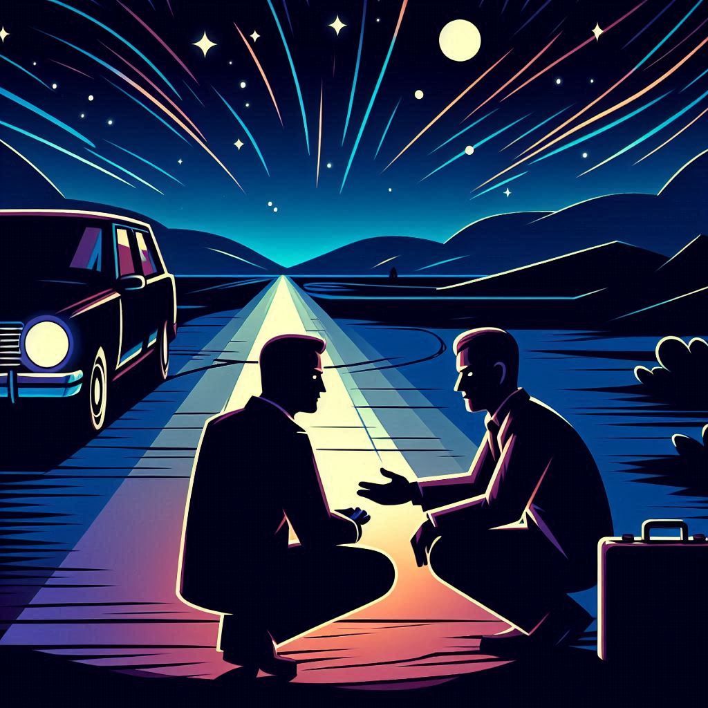 in a dark location on a lonely road, a man gives a briefing to another one