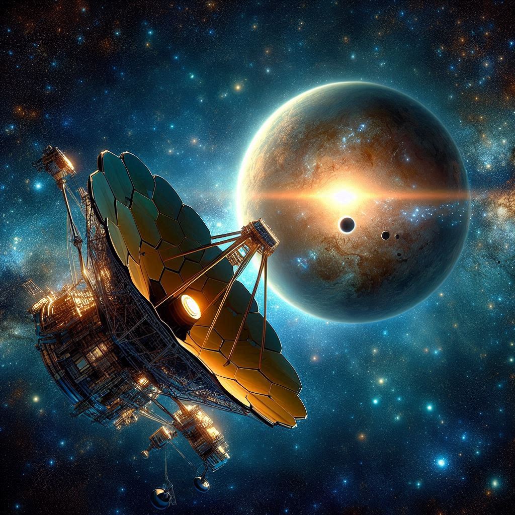 immagine di fantasia che ritrae un telescopio spaziale simile al James Webb Telescope e un esopianeta sullo sfondo immerso in un campo di stelle dello spazio profondo