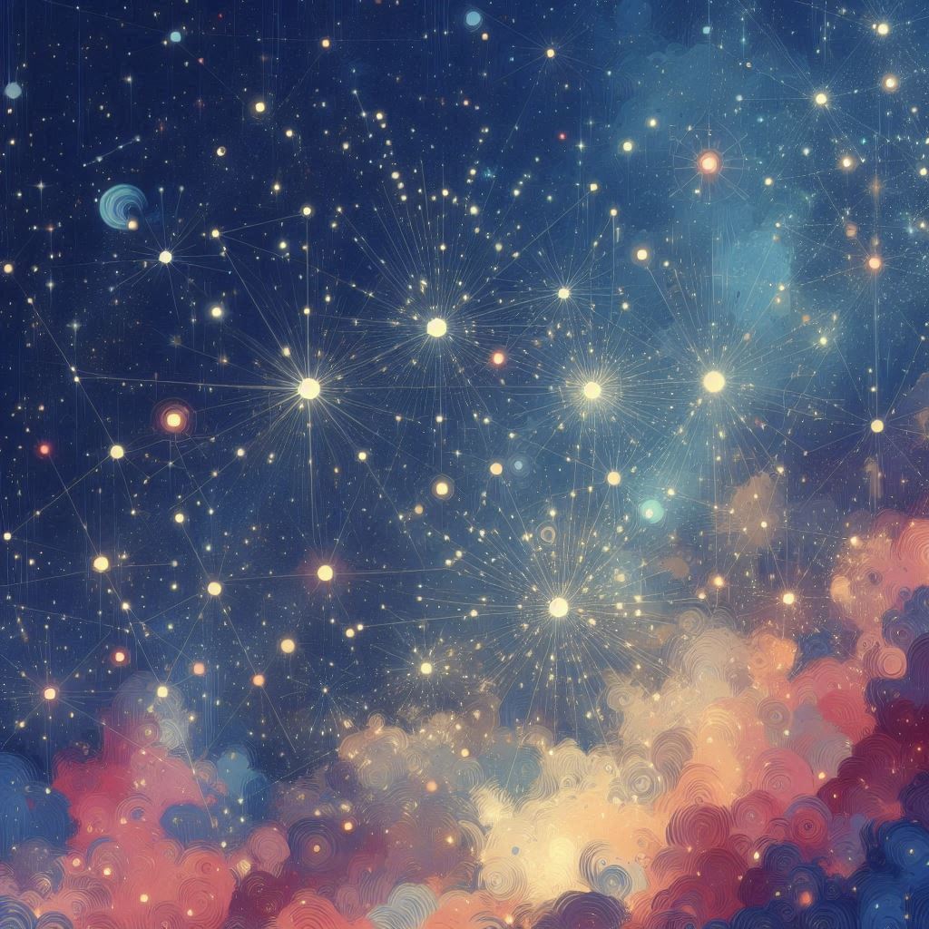 illustrazione di fantasia che ritrae una costellazione o un campo stellare immersa in una nebulosa dai toni pastello