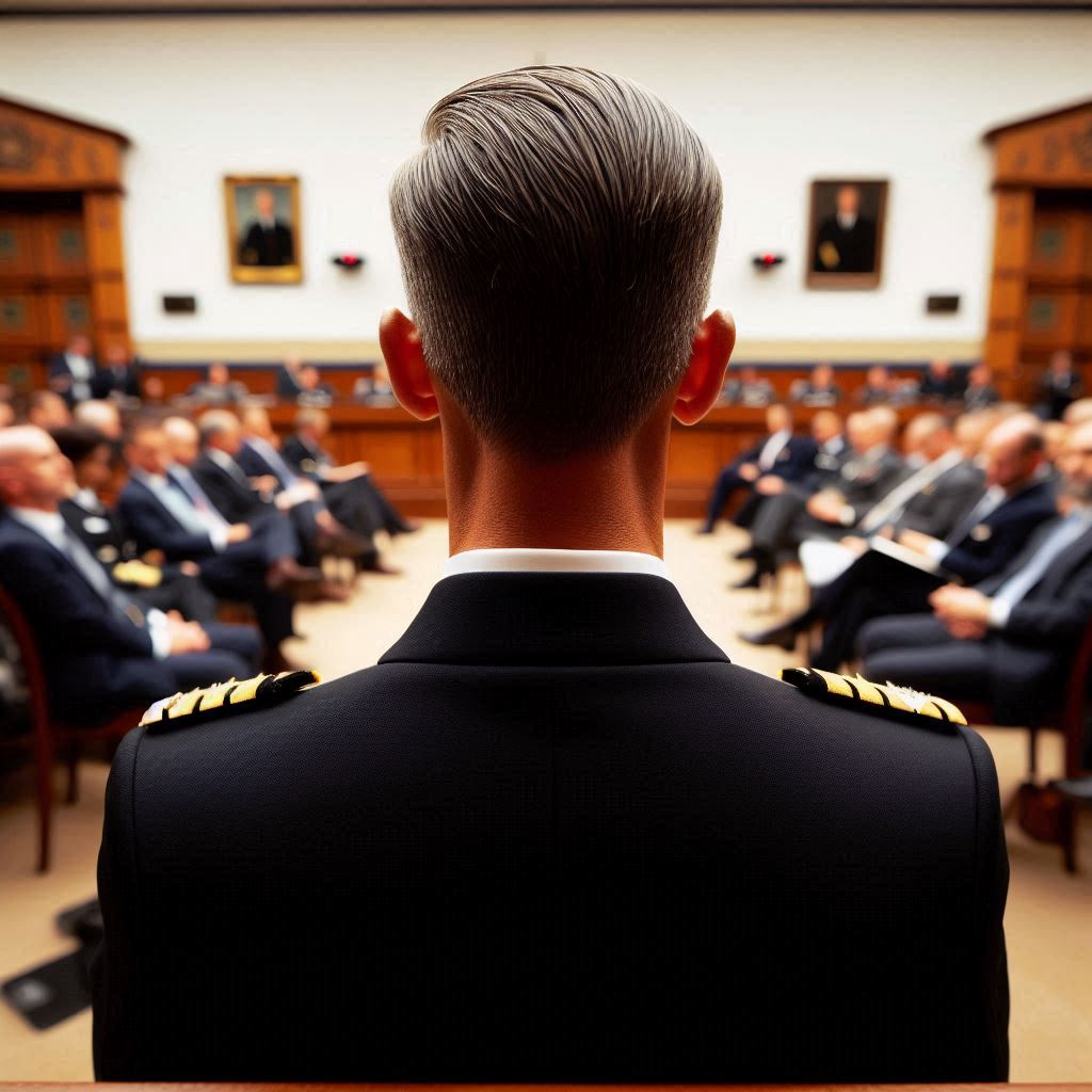 Un veterano ex ammiraglio della Marina USA ritratto di spalle mentre è in corso una udienza pubblica al Congresso sugli Uap o Ufo, illustrazione di fantasia