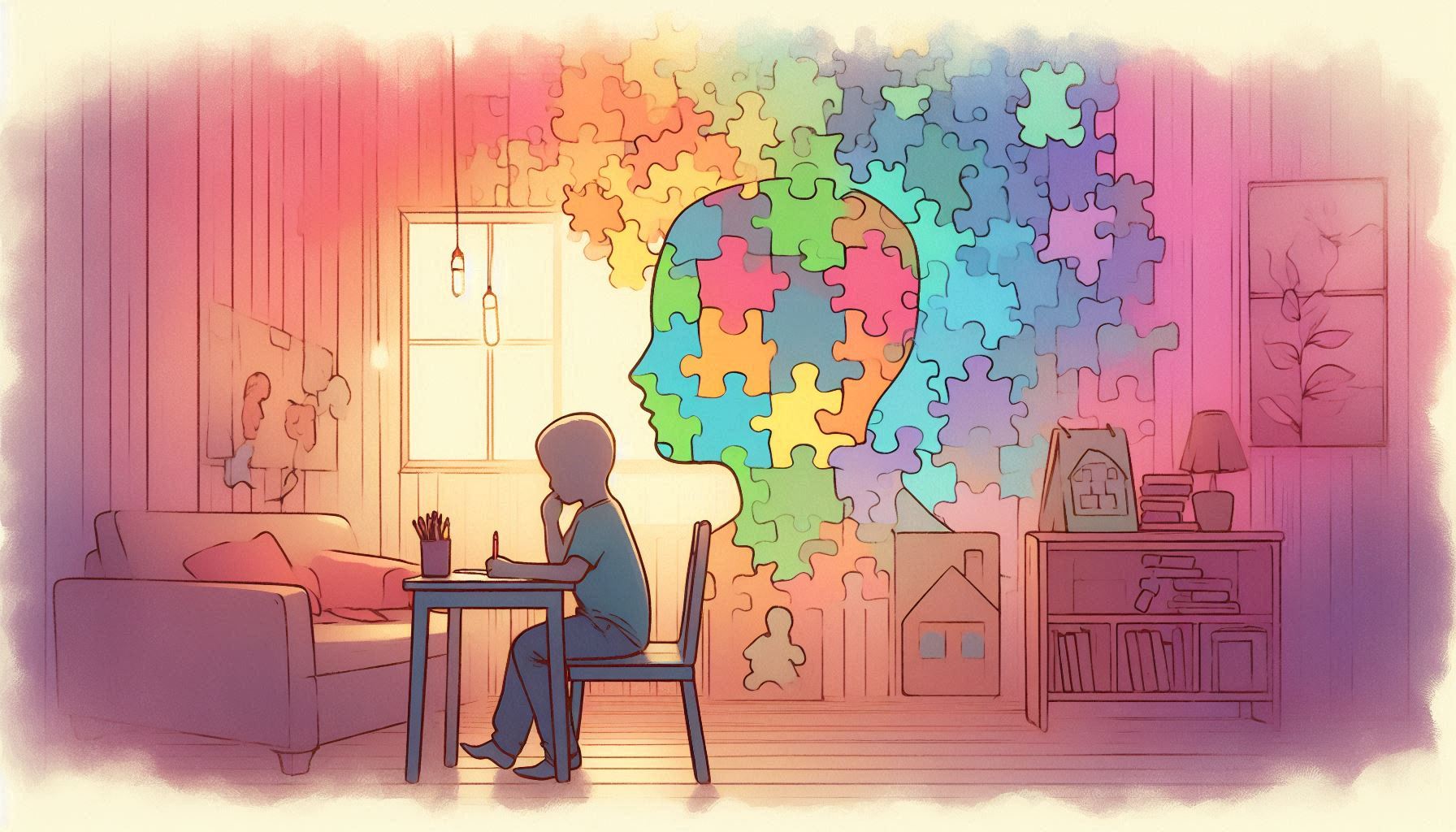 bambini autistici e telepatia il caso del podcast video the telepathy tapes illustrazione di fantasia di un bambino autistico con facoltà paranormali in contesto domestico
