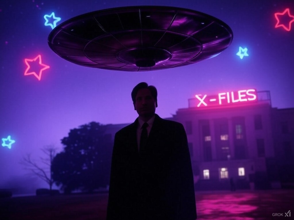 Trump e la divulgazione sul mistero ufo un agente FBI e sullo sfondo la scritta X Files immagine di fantasia